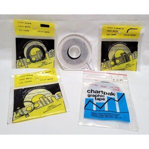 Vintage 1980s Zip-A-Line Chartpak Black White Matte Graphic Tape Assorted Sizes